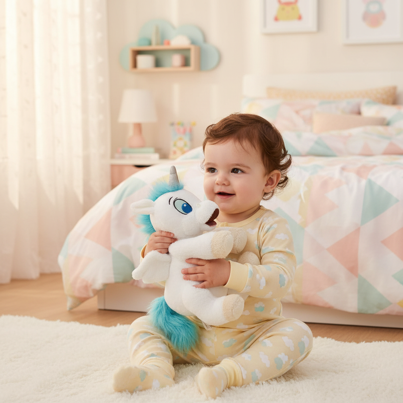 white baby winged unicorn plush - in-use
