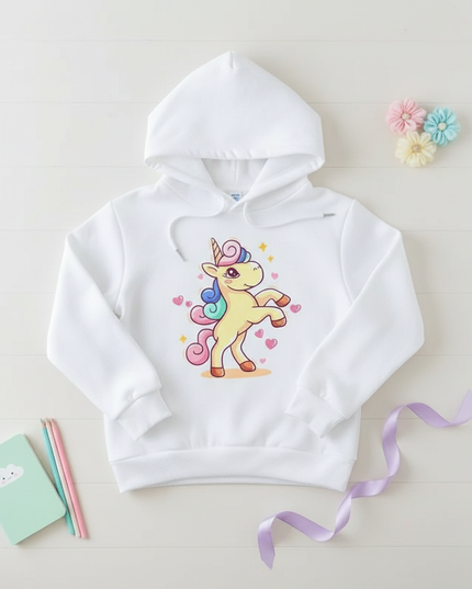 white cartoon unicorn hoodie - flat-lay
