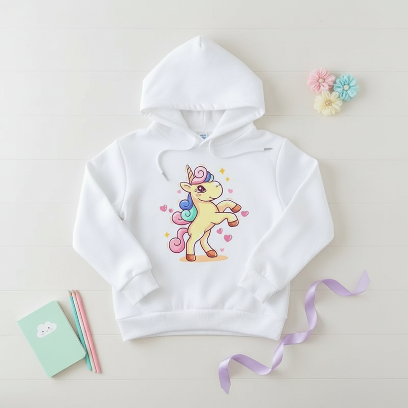 white cartoon unicorn hoodie - flat-lay