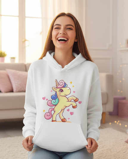 white cartoon unicorn hoodie - in-use