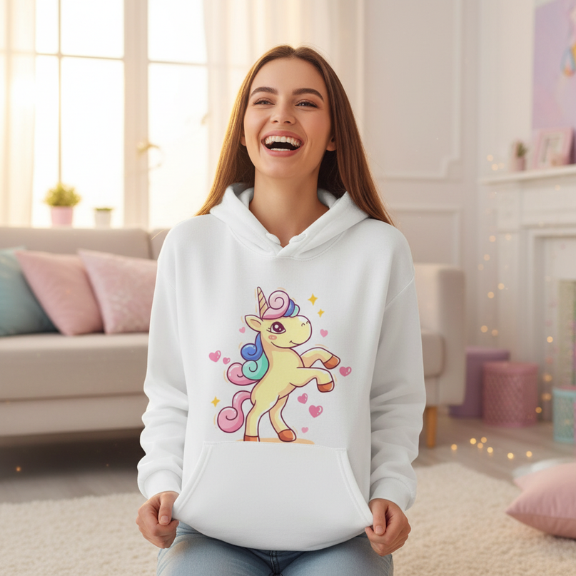 white cartoon unicorn hoodie - in-use