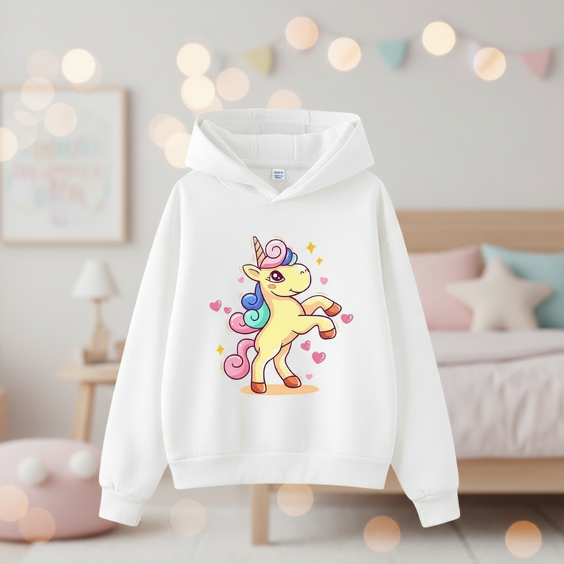 white cartoon unicorn hoodie - lifestyle