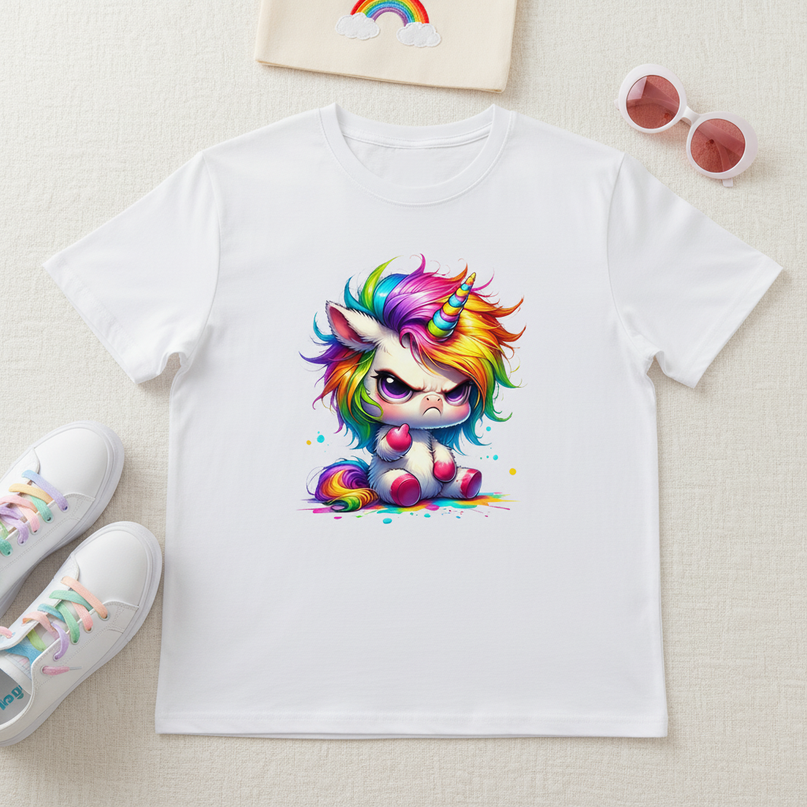 white cartoon unicorn shirt - flat-lay