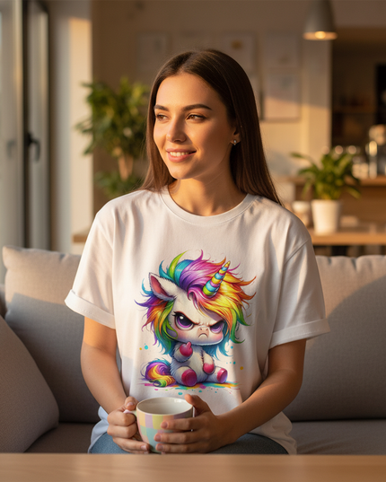 white cartoon unicorn shirt - in-use
