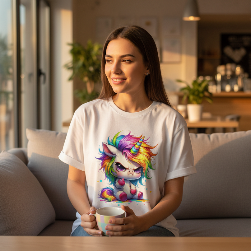 white cartoon unicorn shirt - in-use