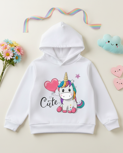 white cute unicorn kids hoodie - flat-lay
