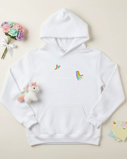 white death metal unicorn hoodie - flat-lay