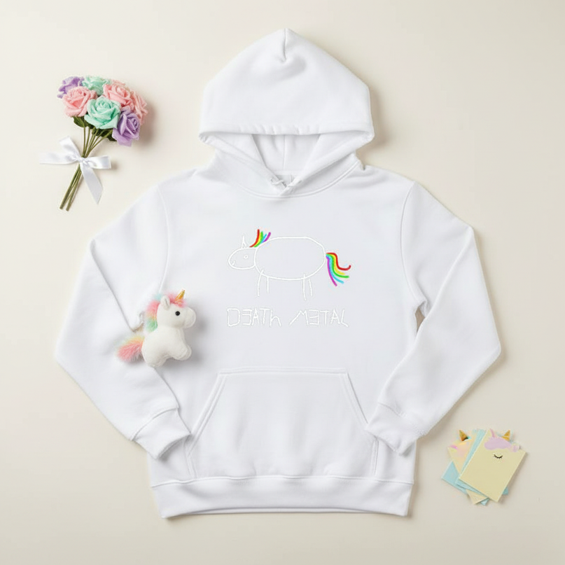 white death metal unicorn hoodie - flat-lay