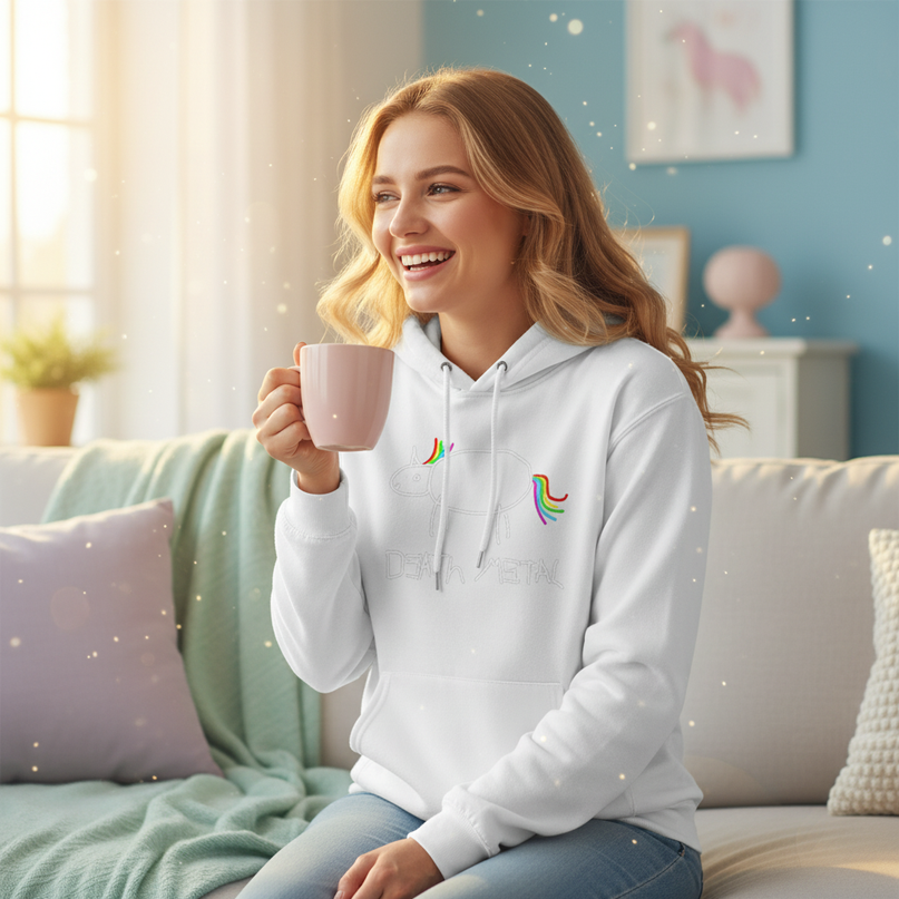 white death metal unicorn hoodie - in-use