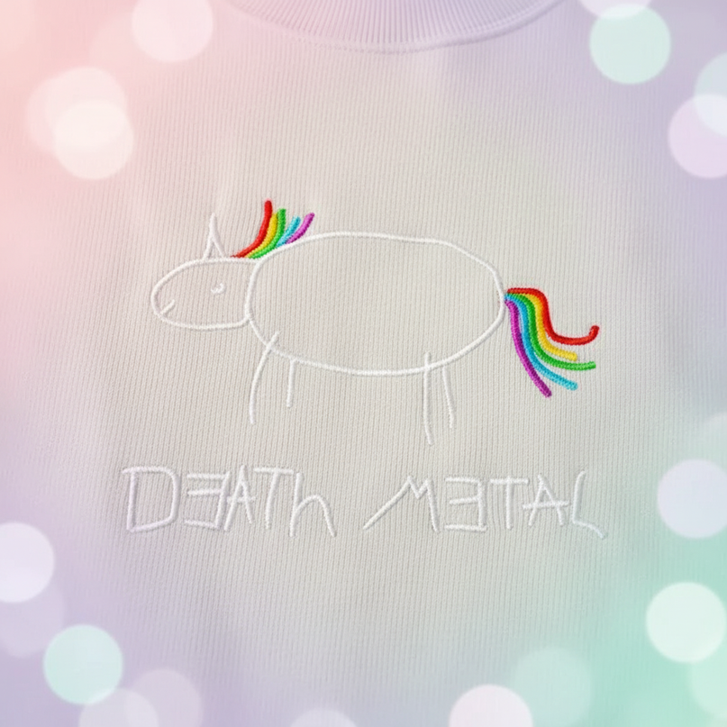 white death metal unicorn sweater - detail