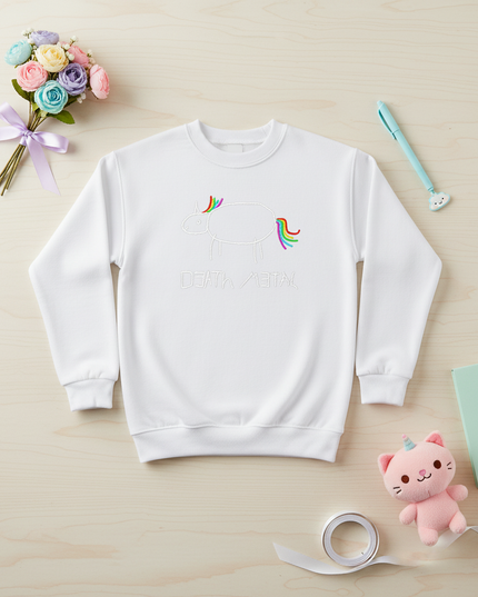 white death metal unicorn sweater - flat-lay