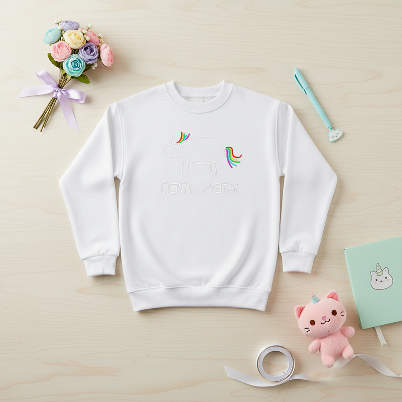 white death metal unicorn sweater - flat-lay