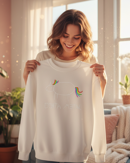 white death metal unicorn sweater - in-use