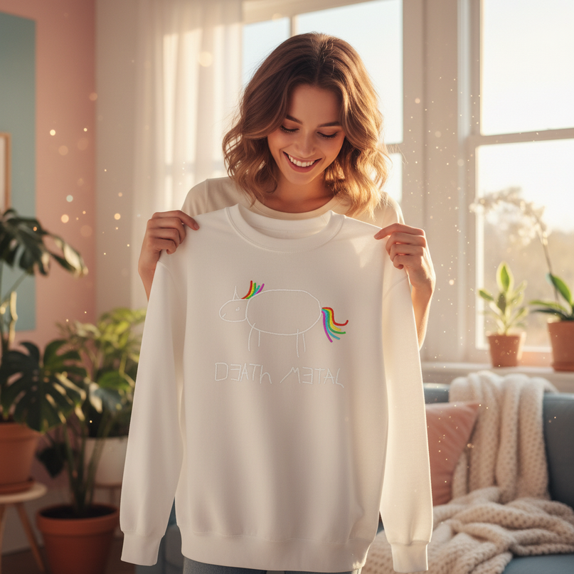 white death metal unicorn sweater - in-use