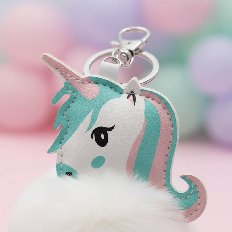 white fluffy unicorn keychain - detail