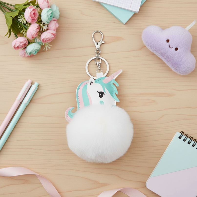 white fluffy unicorn keychain - flat-lay