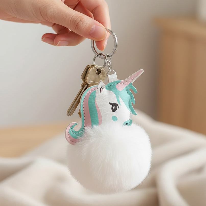 white fluffy unicorn keychain - in-use