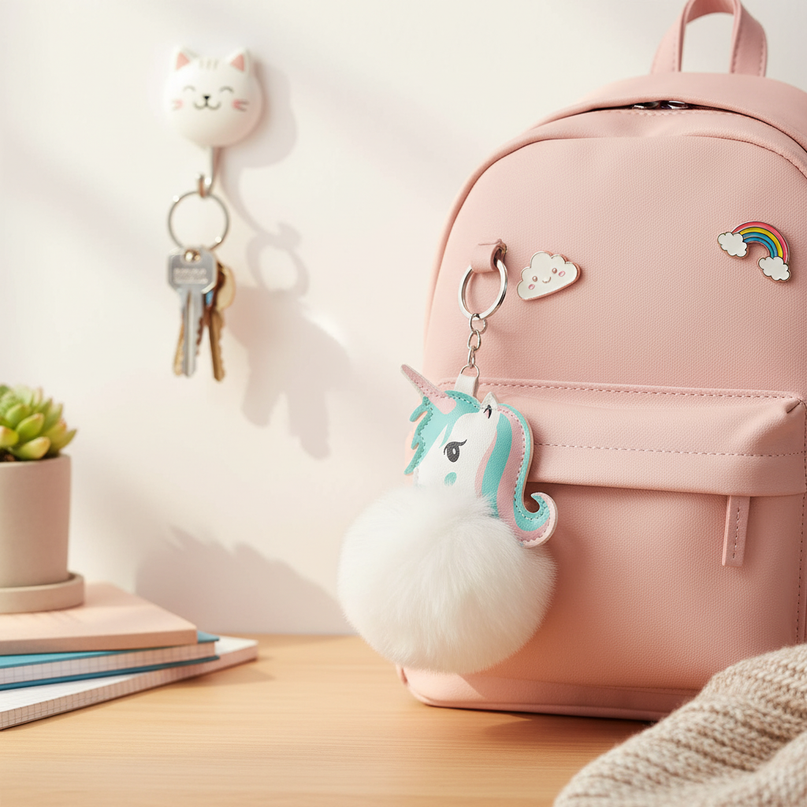 white fluffy unicorn keychain - lifestyle