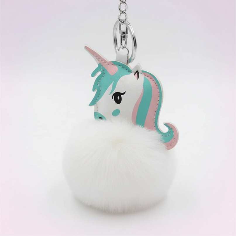 white fluffy unicorn keychain - white-bg
