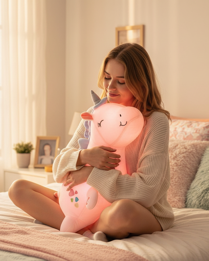 white glowing unicorn plush - in-use