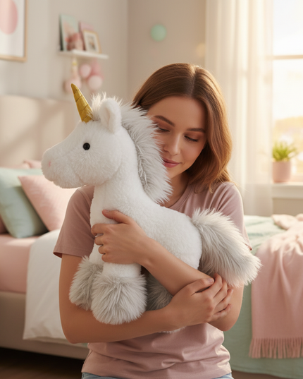 white gold unicorn plush - in-use