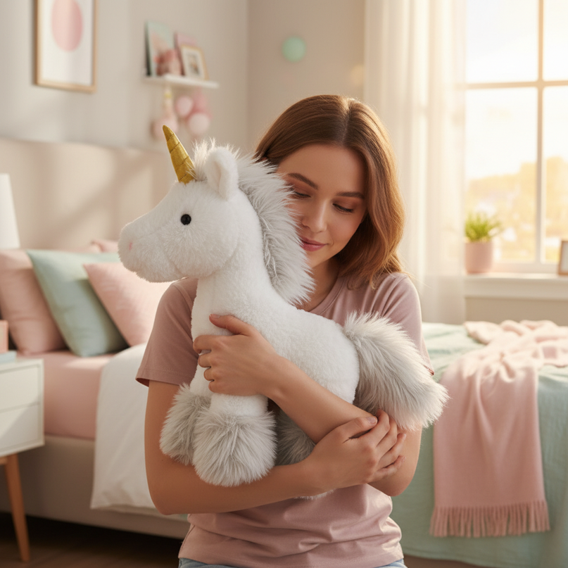 white gold unicorn plush - in-use