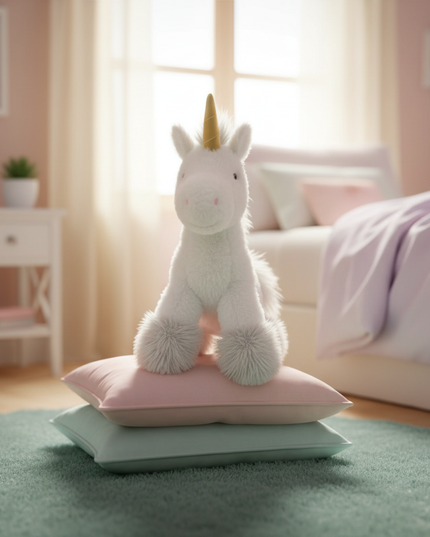 white gold unicorn plush - lifestyle