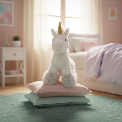 white gold unicorn plush - lifestyle