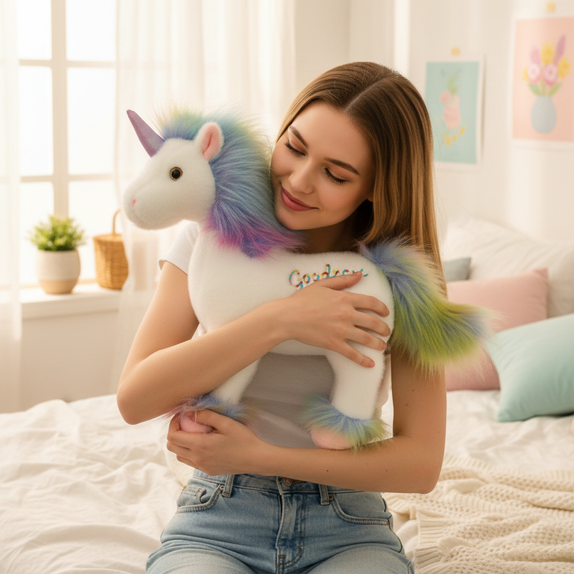 white goodness unicorn plush - in-use
