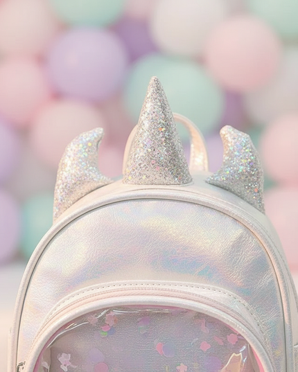 white iridescent unicorn backpack - detail