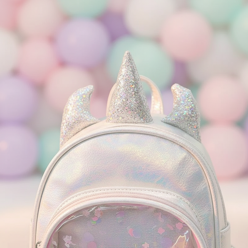 white iridescent unicorn backpack - detail