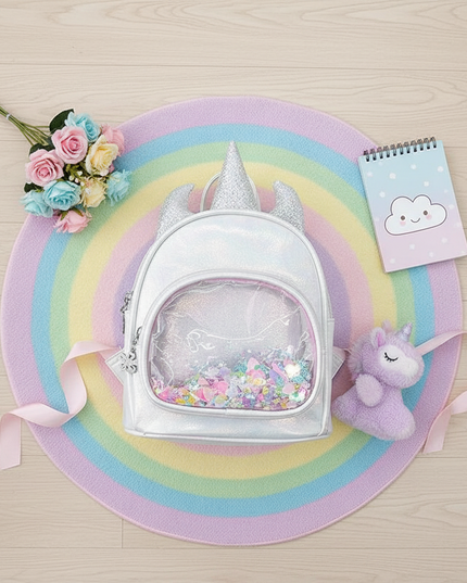 white iridescent unicorn backpack - flat-lay