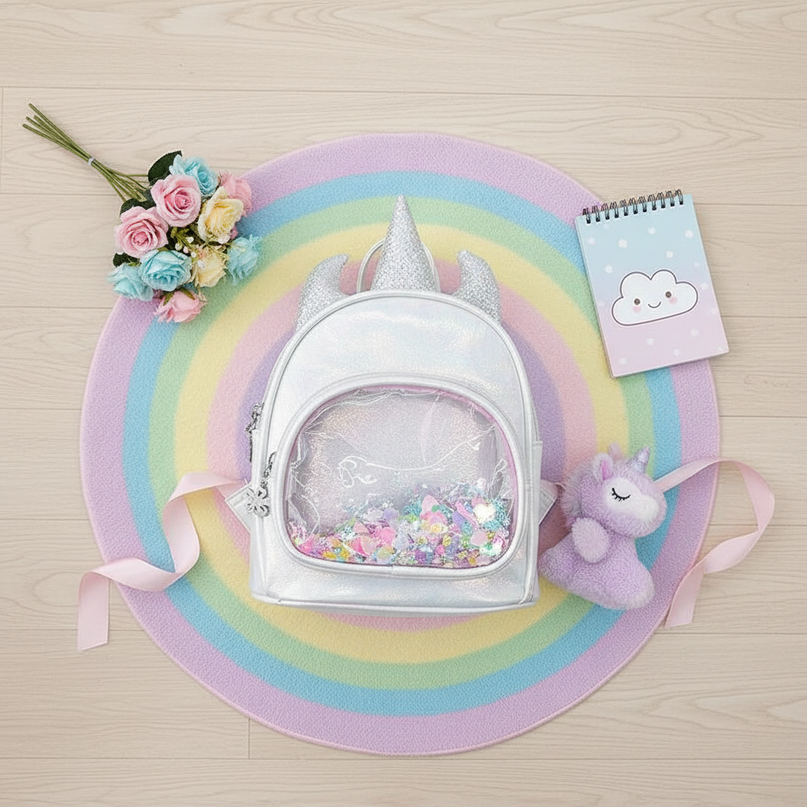 white iridescent unicorn backpack - flat-lay