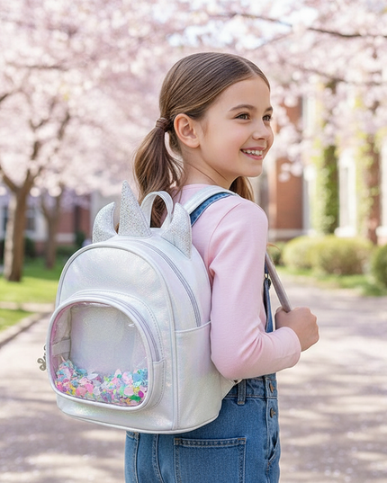 white iridescent unicorn backpack - in-use