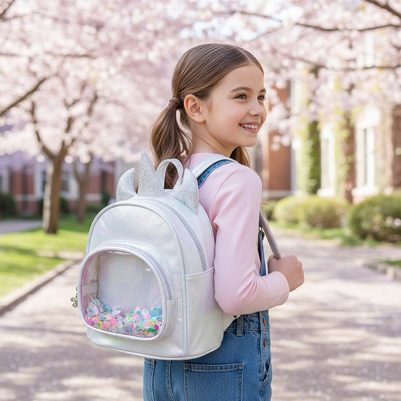white iridescent unicorn backpack - in-use
