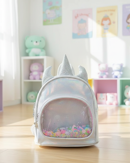 white iridescent unicorn backpack - lifestyle