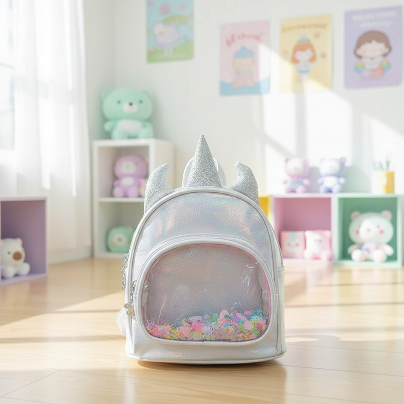 white iridescent unicorn backpack - lifestyle