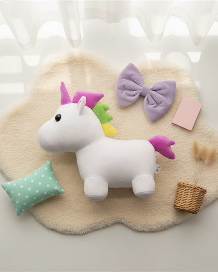white plush unicorn - flat-lay