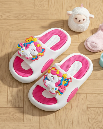 white rotating unicorn slippers - flat-lay