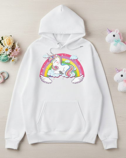 white sleeping unicorn hoodie - flat-lay