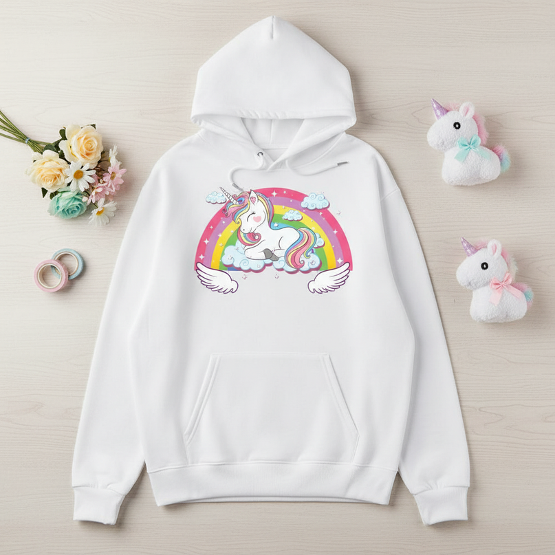 white sleeping unicorn hoodie - flat-lay
