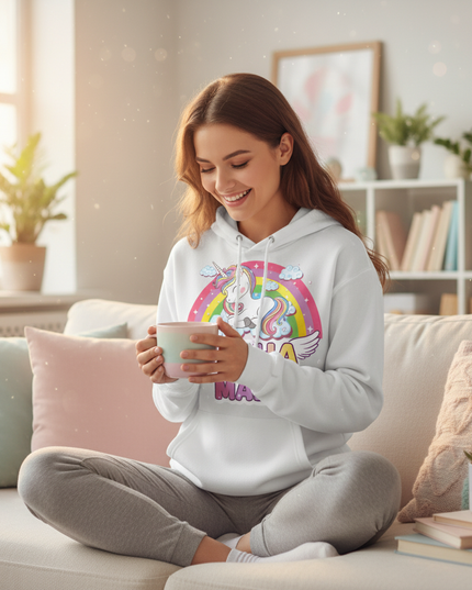 white sleeping unicorn hoodie - in-use