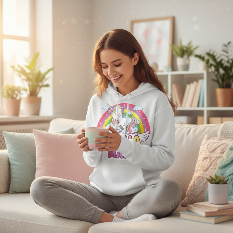 white sleeping unicorn hoodie - in-use