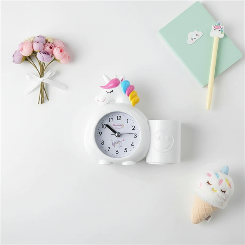white unicorn alarm clock - flat-lay