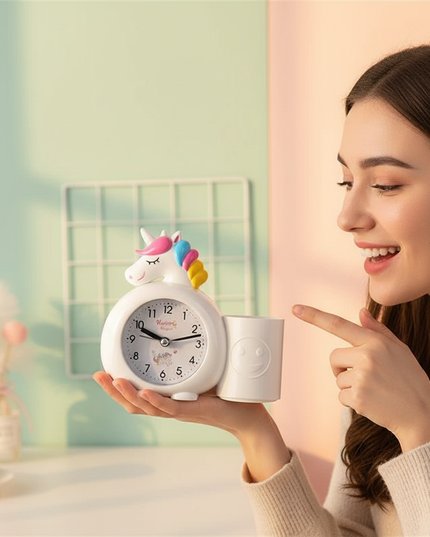 white unicorn alarm clock - in-use