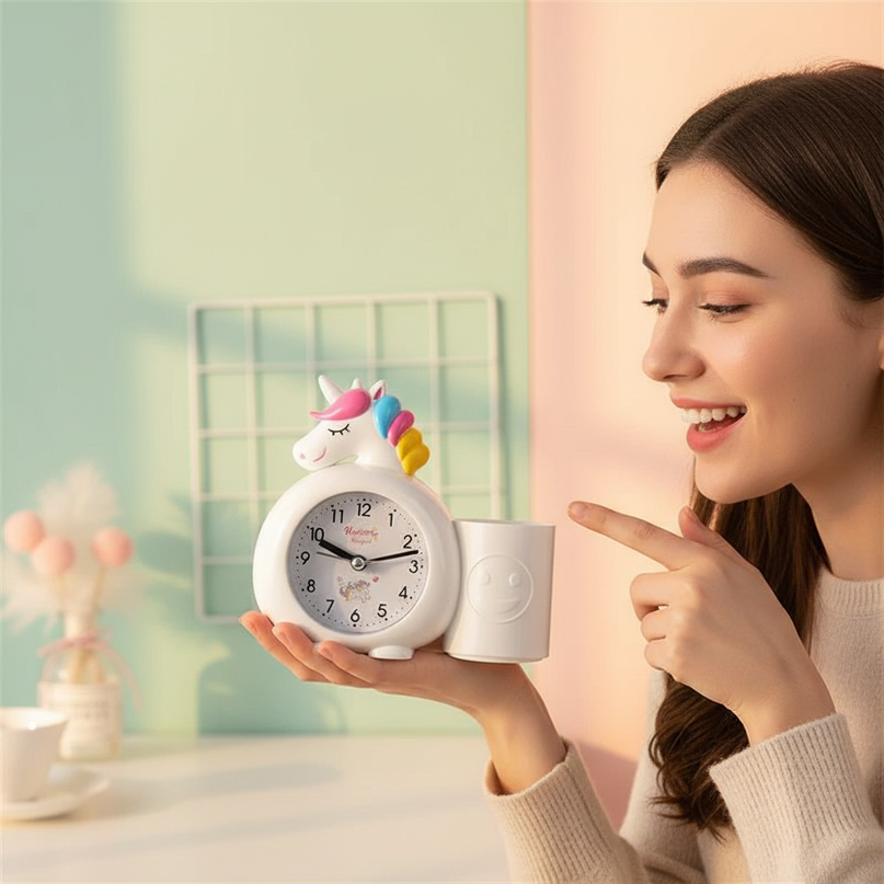 white unicorn alarm clock - in-use