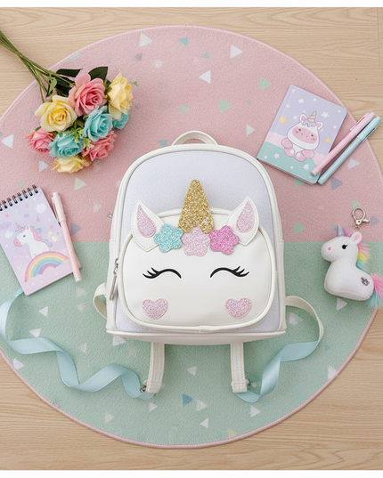 white unicorn backpack - flat-lay