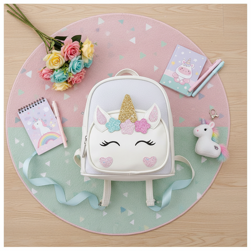 white unicorn backpack - flat-lay