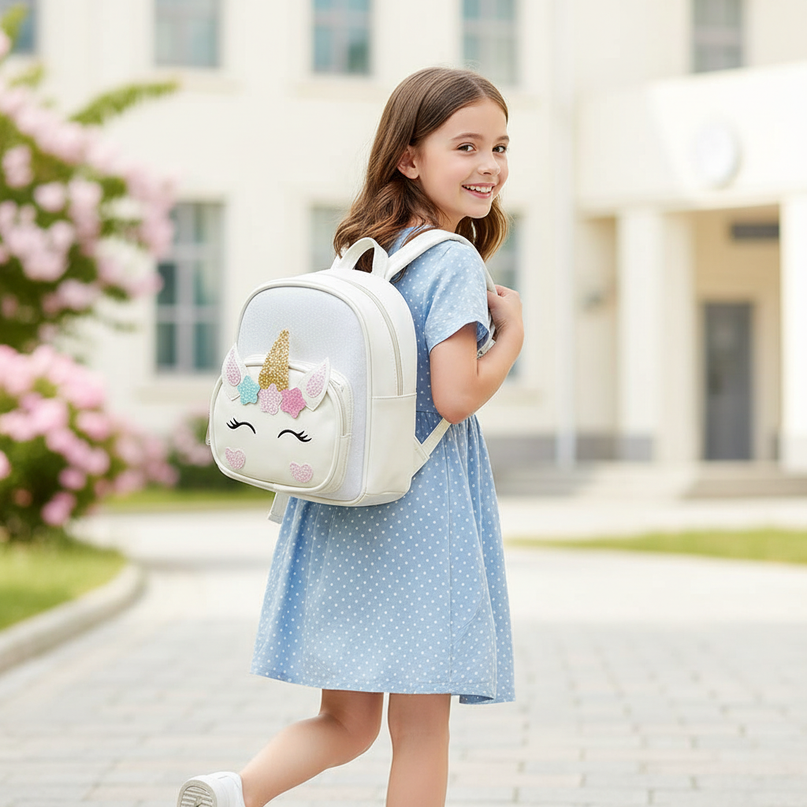 white unicorn backpack - in-use