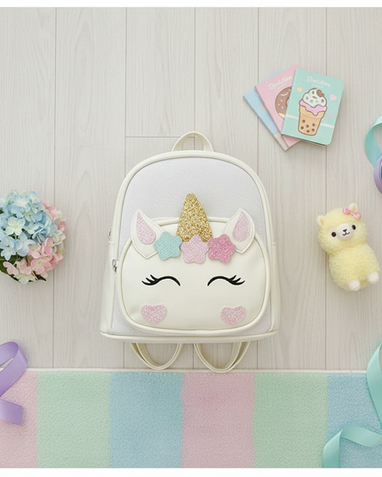 white unicorn backpack with name - flat-lay